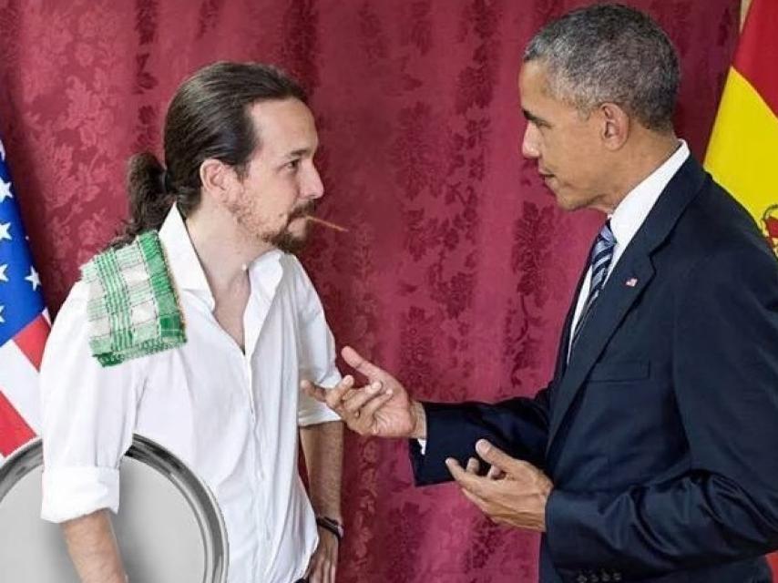 Pablo Iglesias caracterizado como un camarero ante Obama.