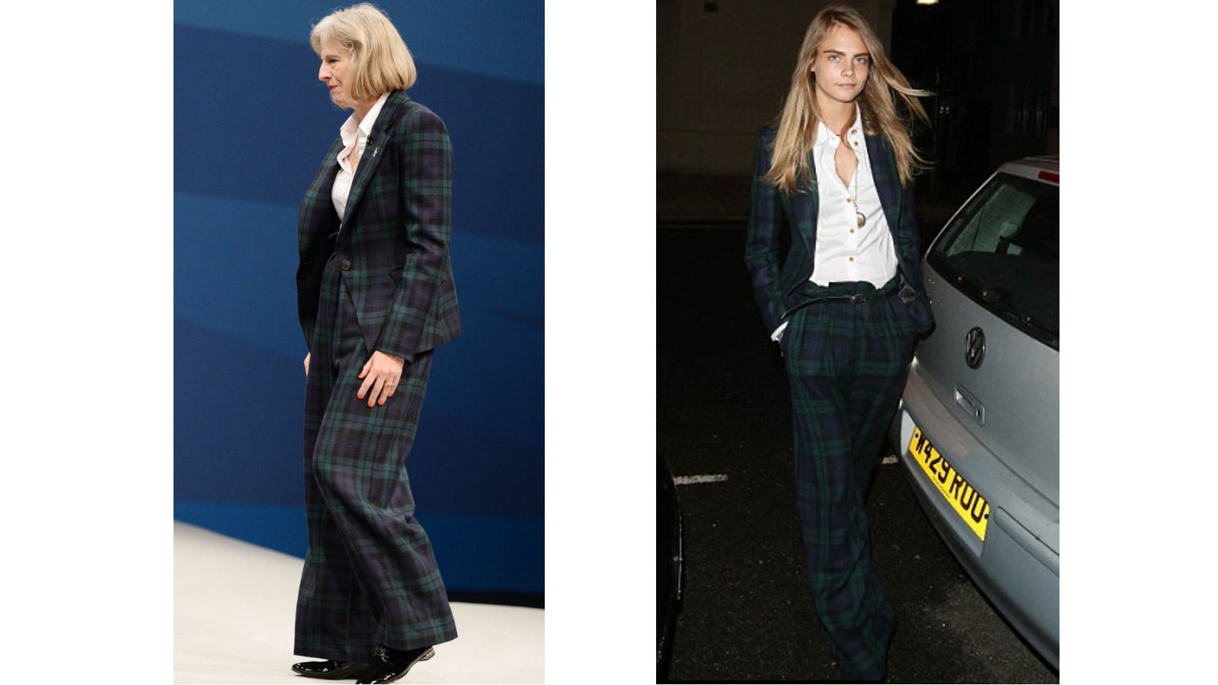 Al llevar el traje de chaqueta de Vivienne Westwood, fue comparada con la modelo Cara Delevingne.