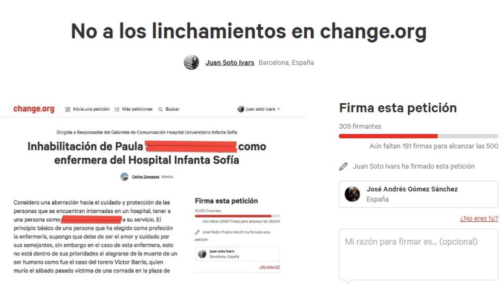 La petición que el periodista Juan Soto Ivars ha creado en Change.org.