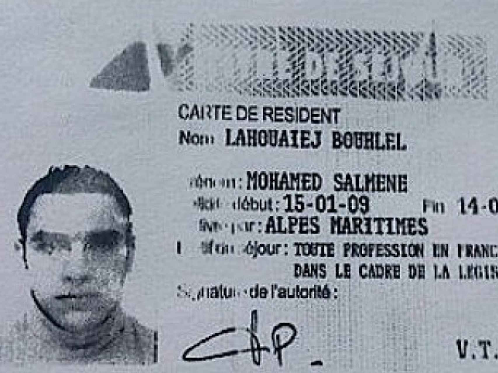 Carné de residente de Mohamed Lahouaiej Bouhlel, identificado como autor del atentado en Niza.