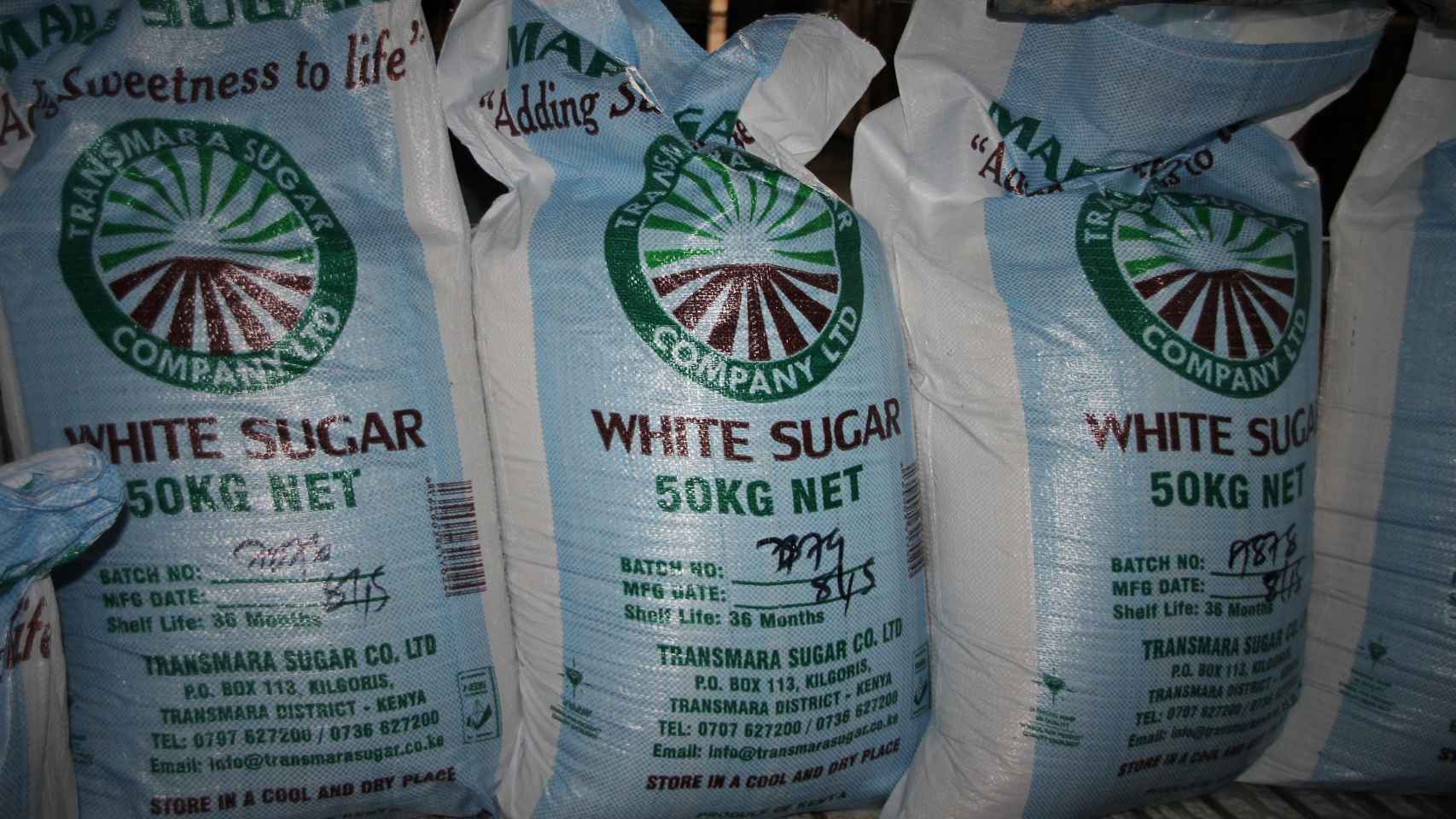 Sacos de azúcar comercializados por la empresa Transmara Sugar Company.
