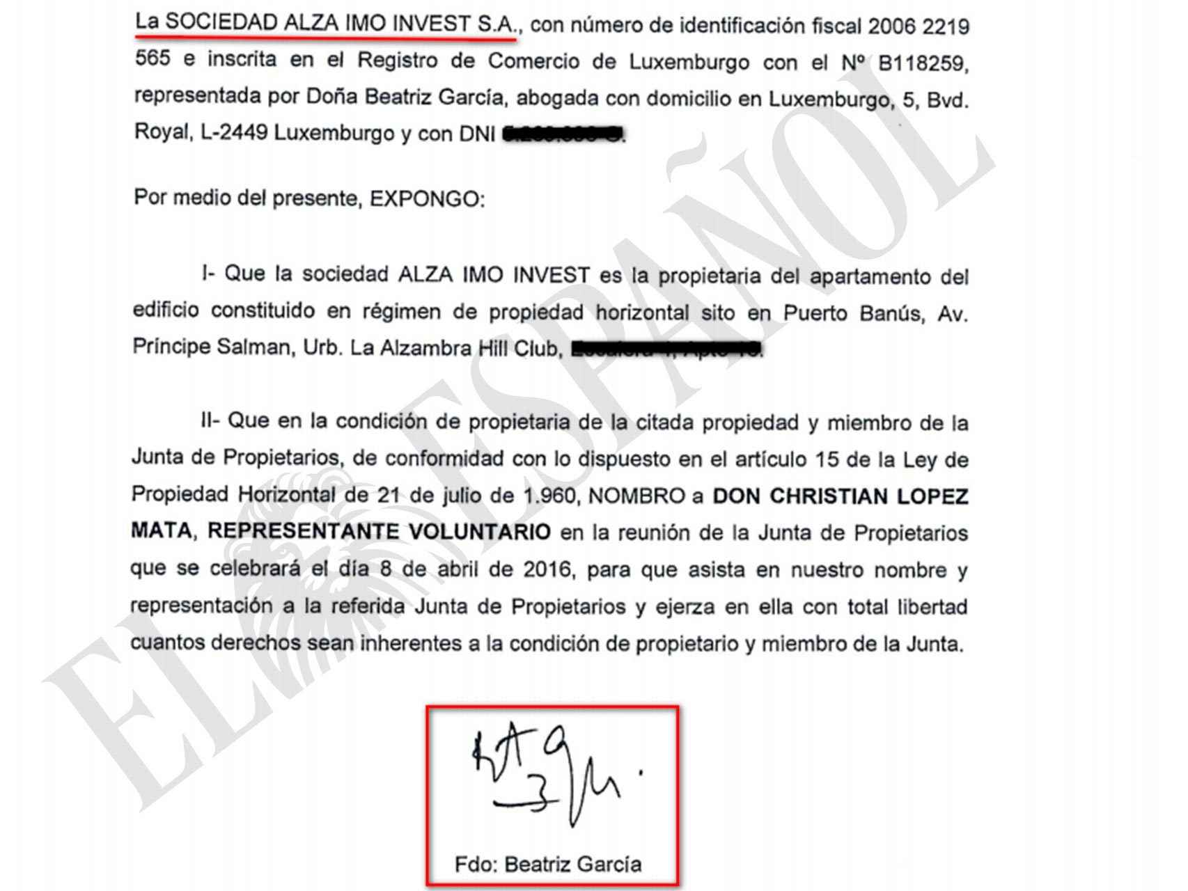 Documento de Beatriz García Paesa reconociendo la titularidad del inmueble.