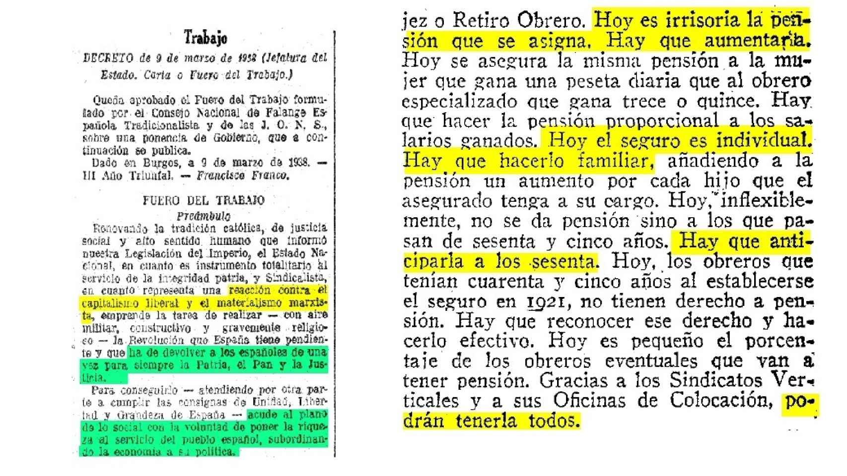 Extracto del Fuero de los españoles decretado por Francisco Franco el 9 de marzo de 1938.