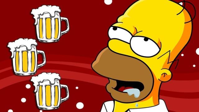 Homer, obnubilado ante unas cuantas jarras de cerveza.