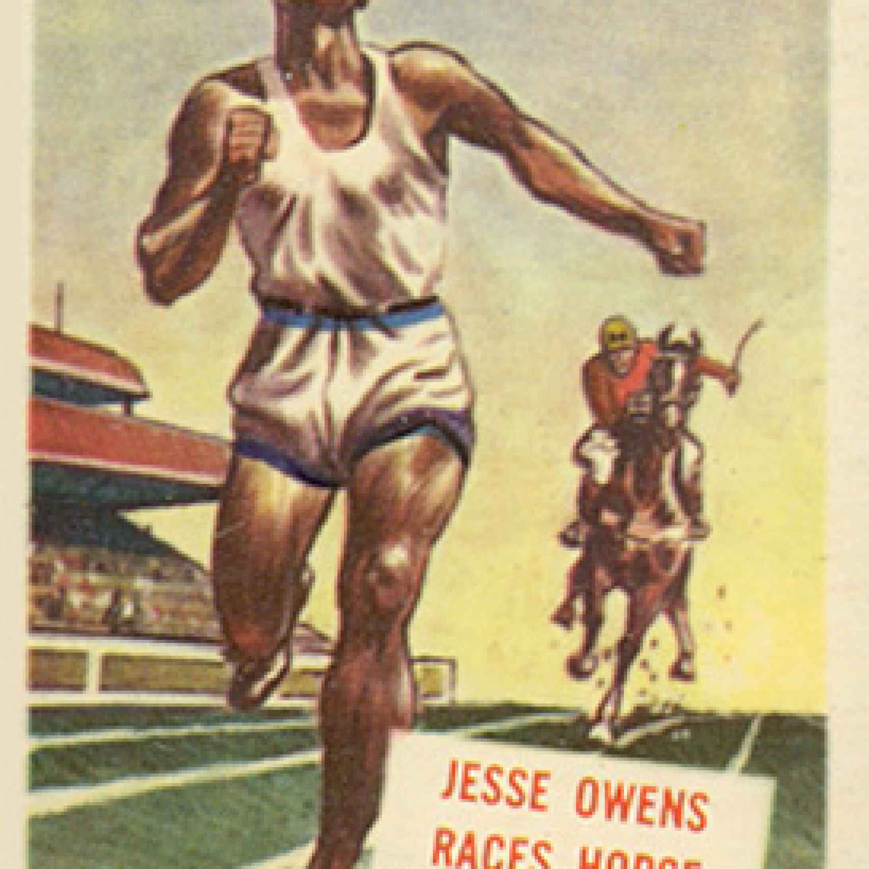 Cromo Topps de 1954 recordando la primera carrera de Jesse Owens contra un caballo.