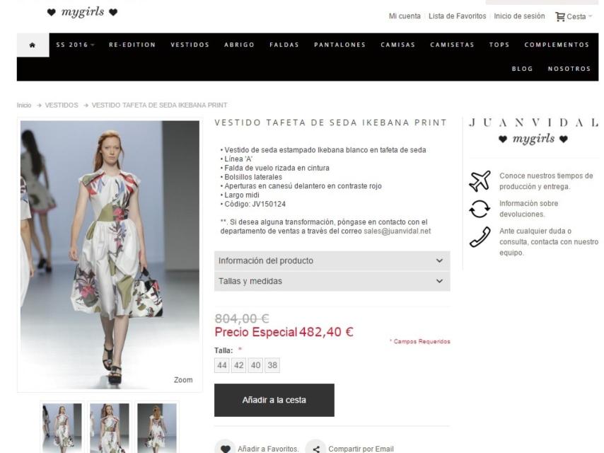 Página web donde se oferta el vestido que lució la reina consorte.