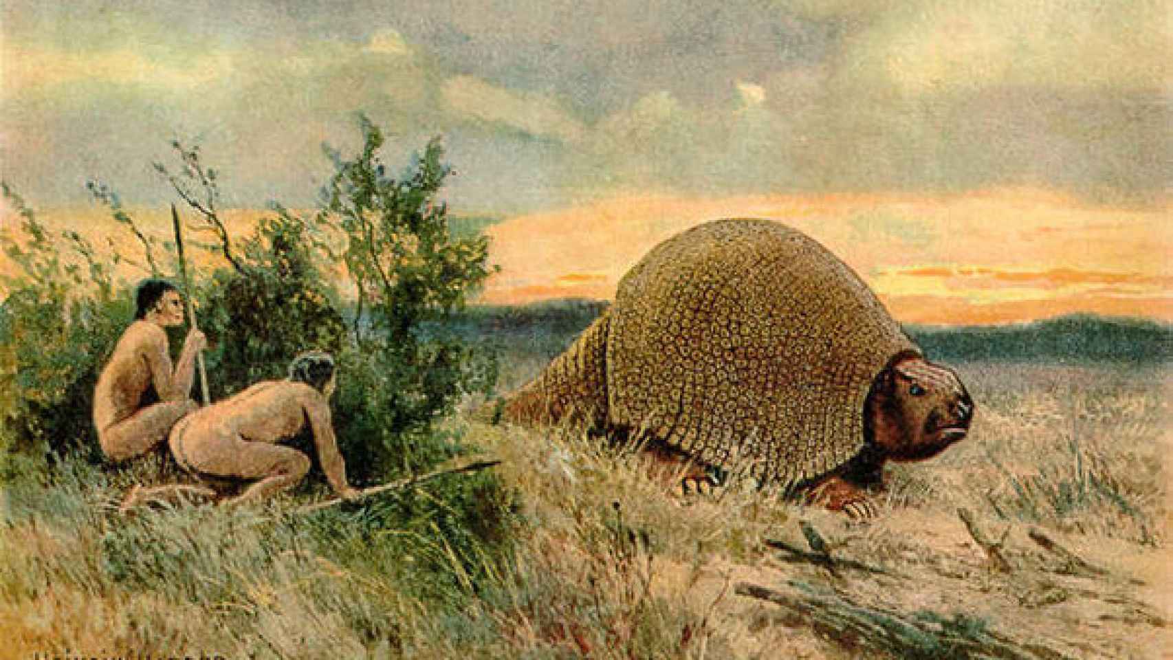 Ilustración que representa a dos pobladores antiguos de América con un glyptodon.