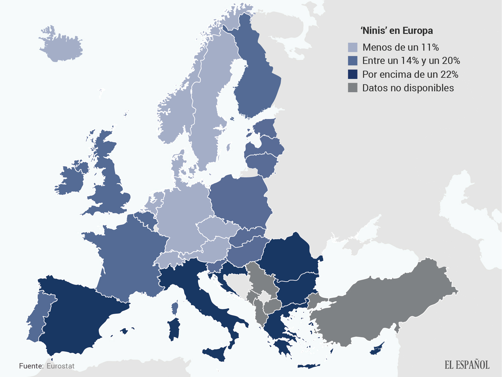 Así se distribuyen los veinteañeros que ni estudian ni trabajan en Europa