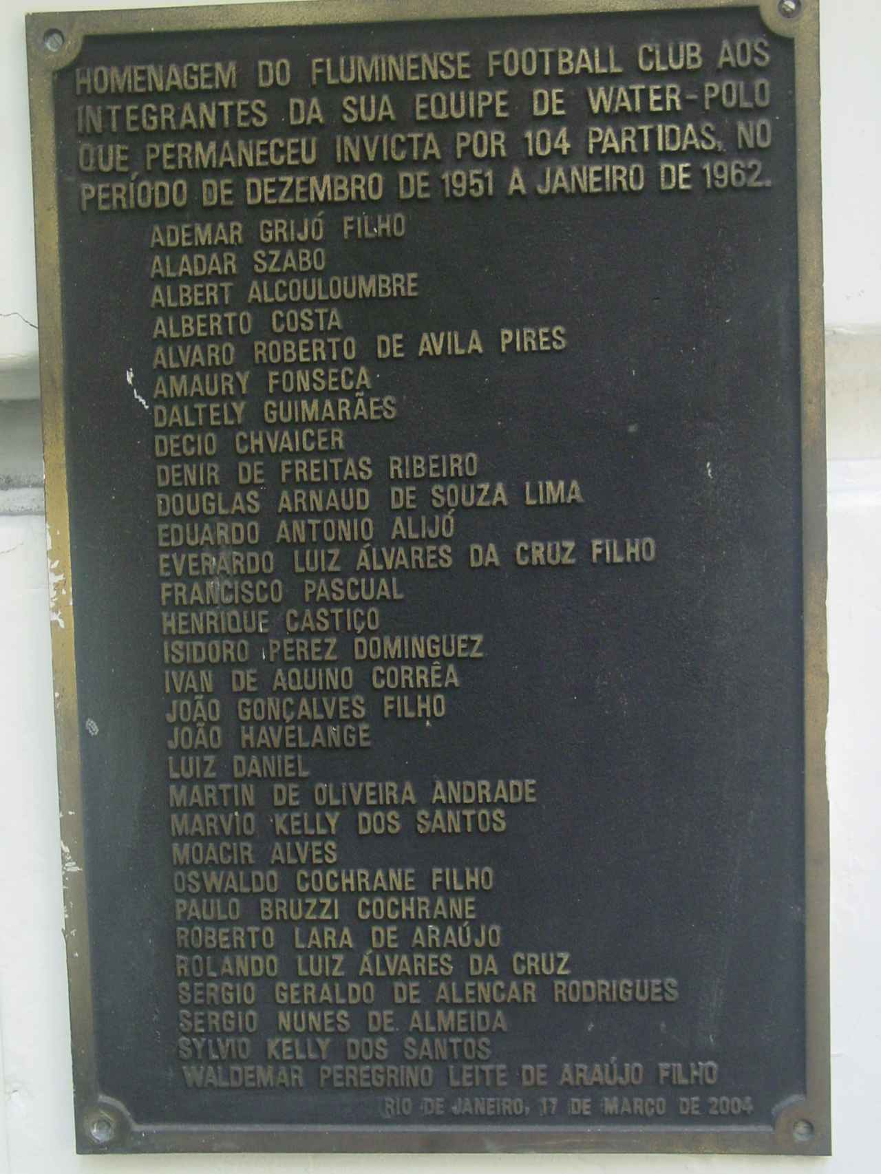 Placa conmemorativa del Fluminense invicto en 104 partidos.