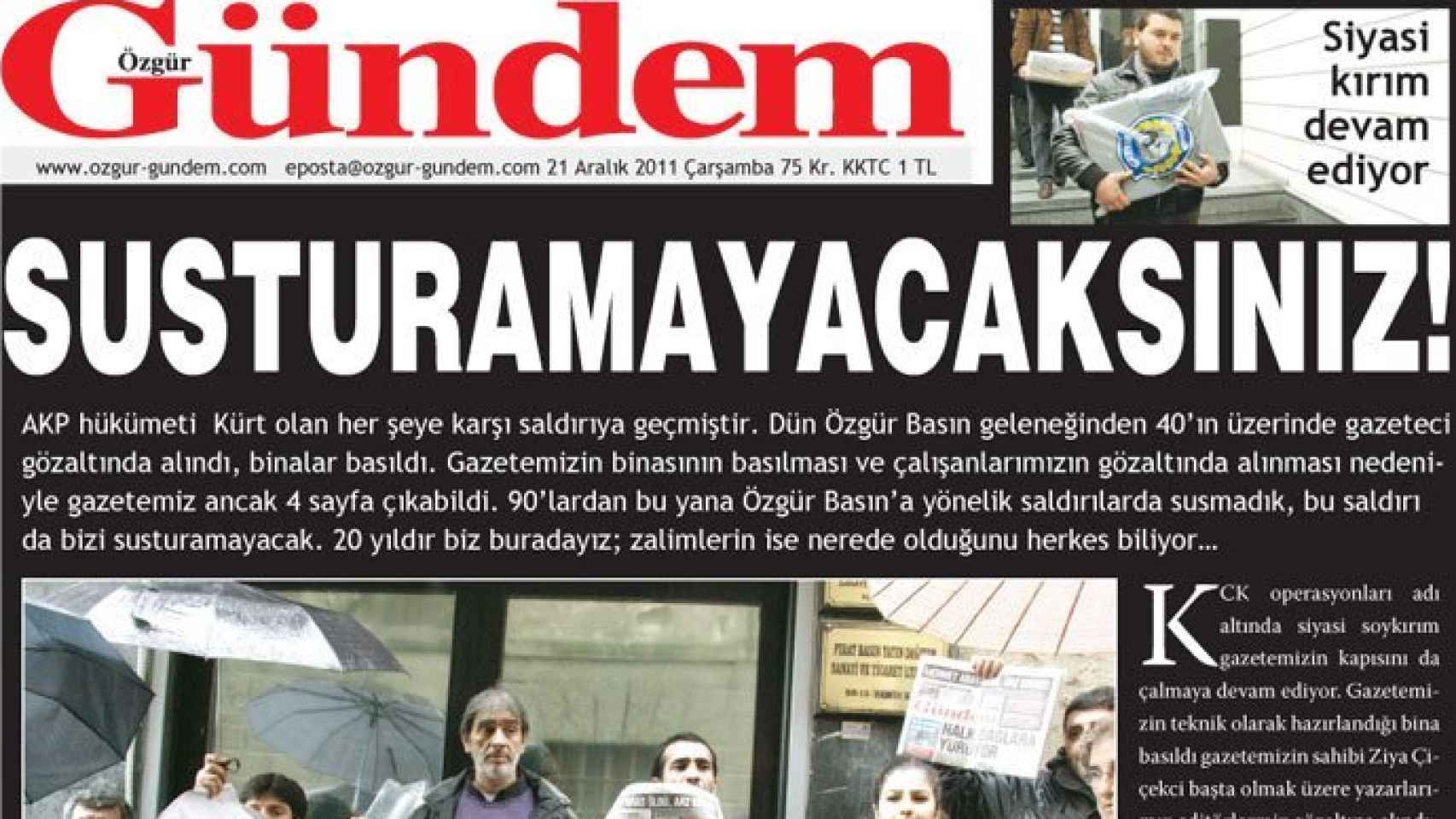 Portada de 'Özgur Gündem' de este martes anunciando el cierre del medio.