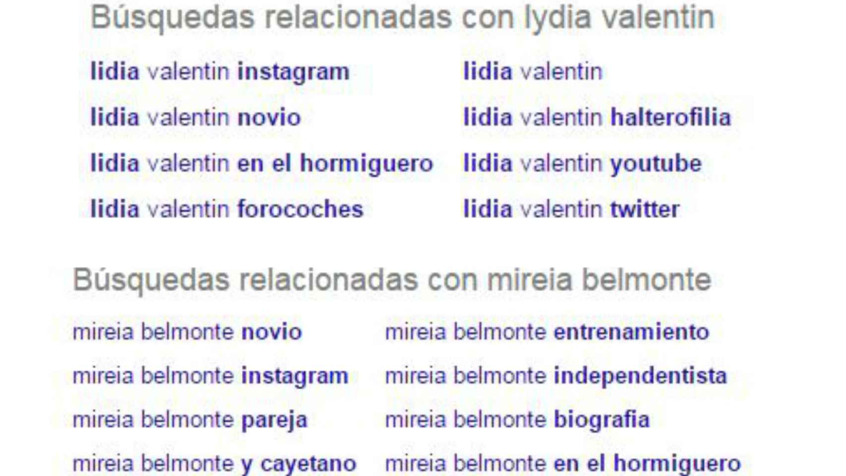 Búsquedas relacionadas a Mireia Belmonte y Lydia Valentín en Google.