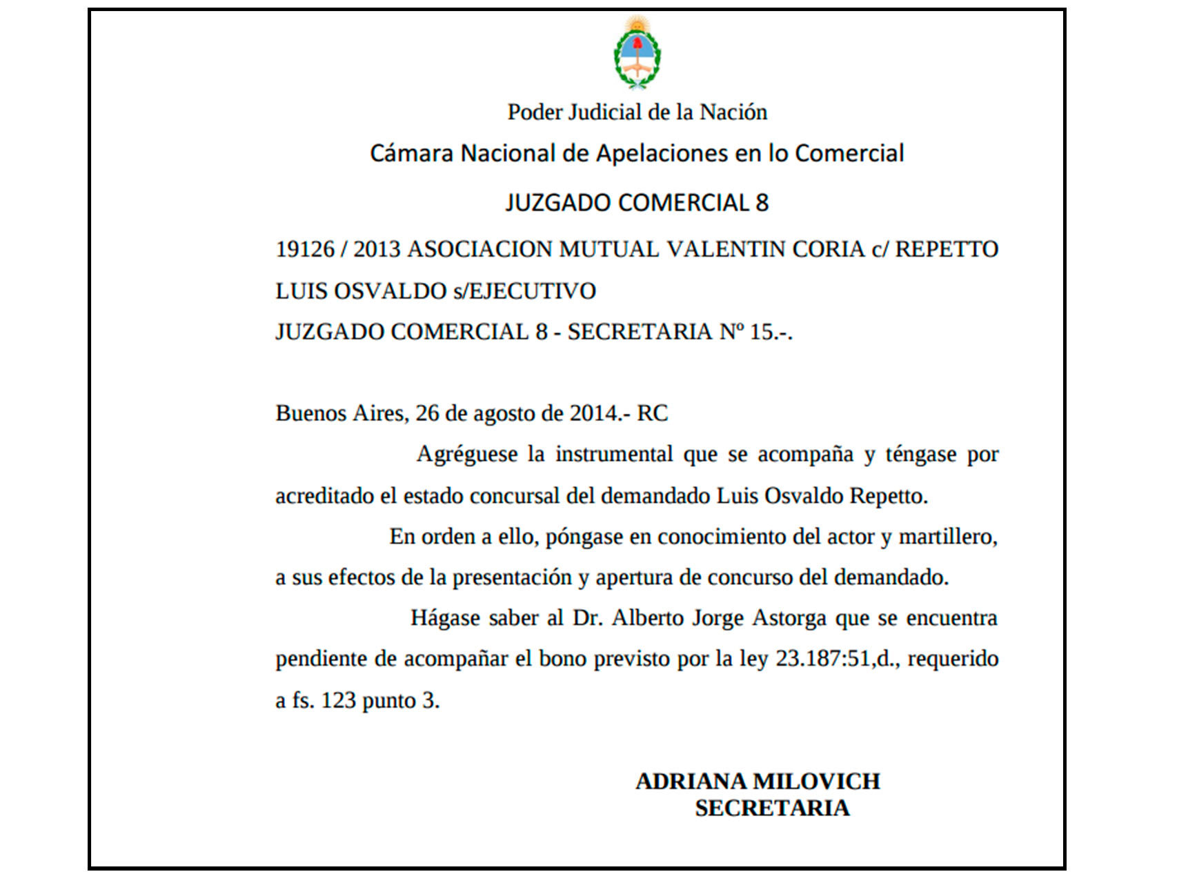 Documento que acredita la entrada en concurso del productor argentino en 2014.