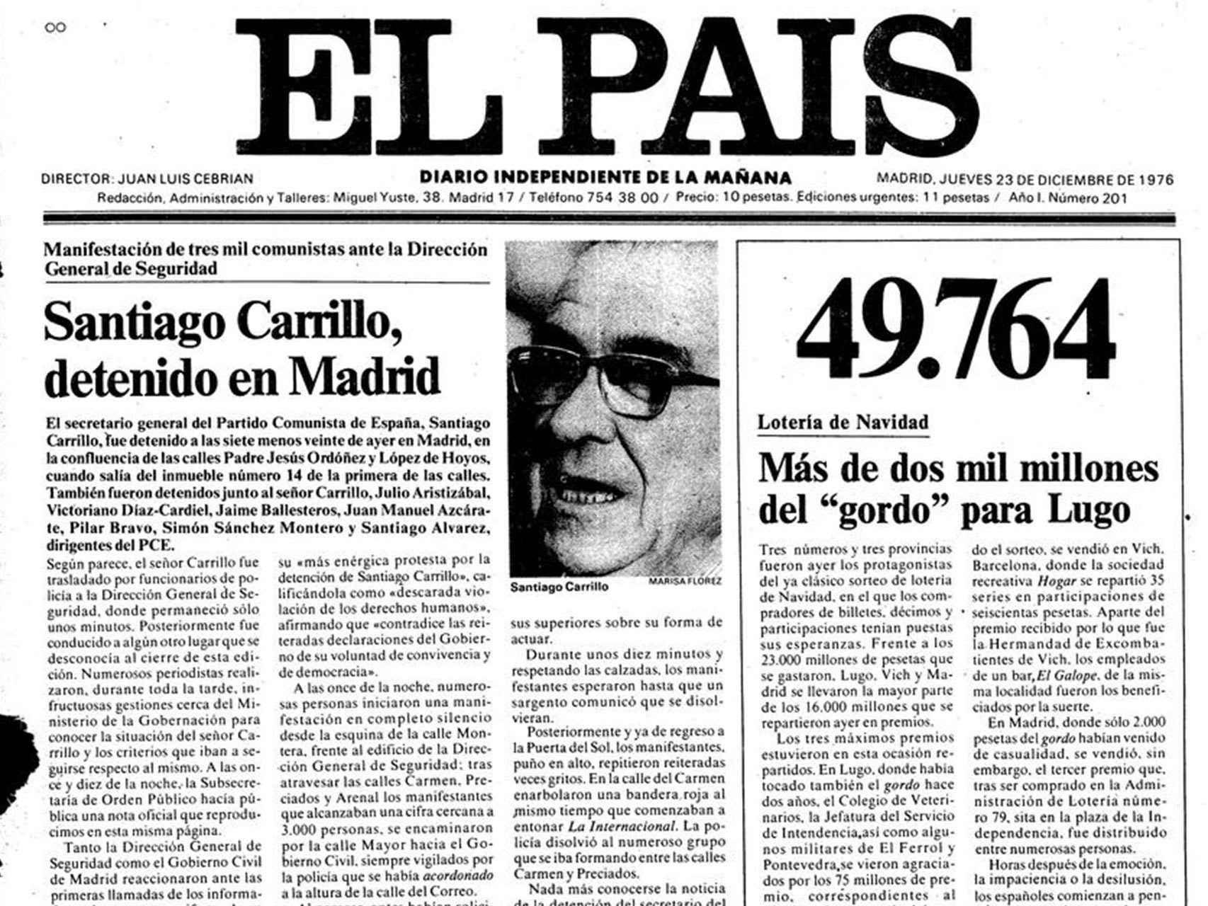Portada de El País, dando cuenta de la detención de Carrillo.