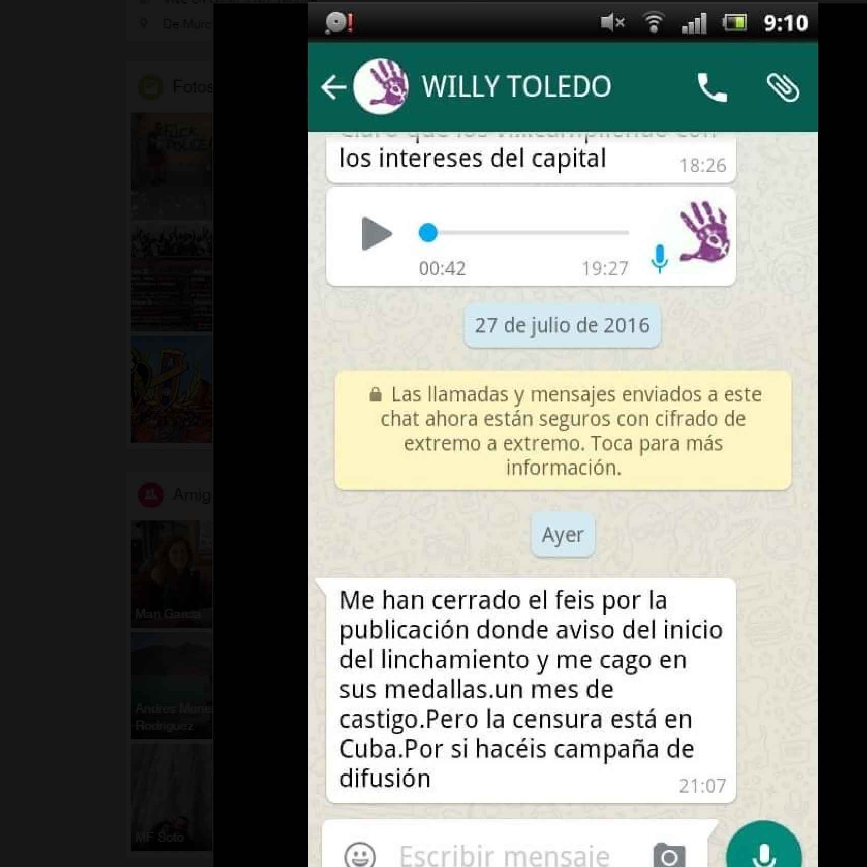 El mensaje de Whatsapp en el que Toledo informa de su situación.