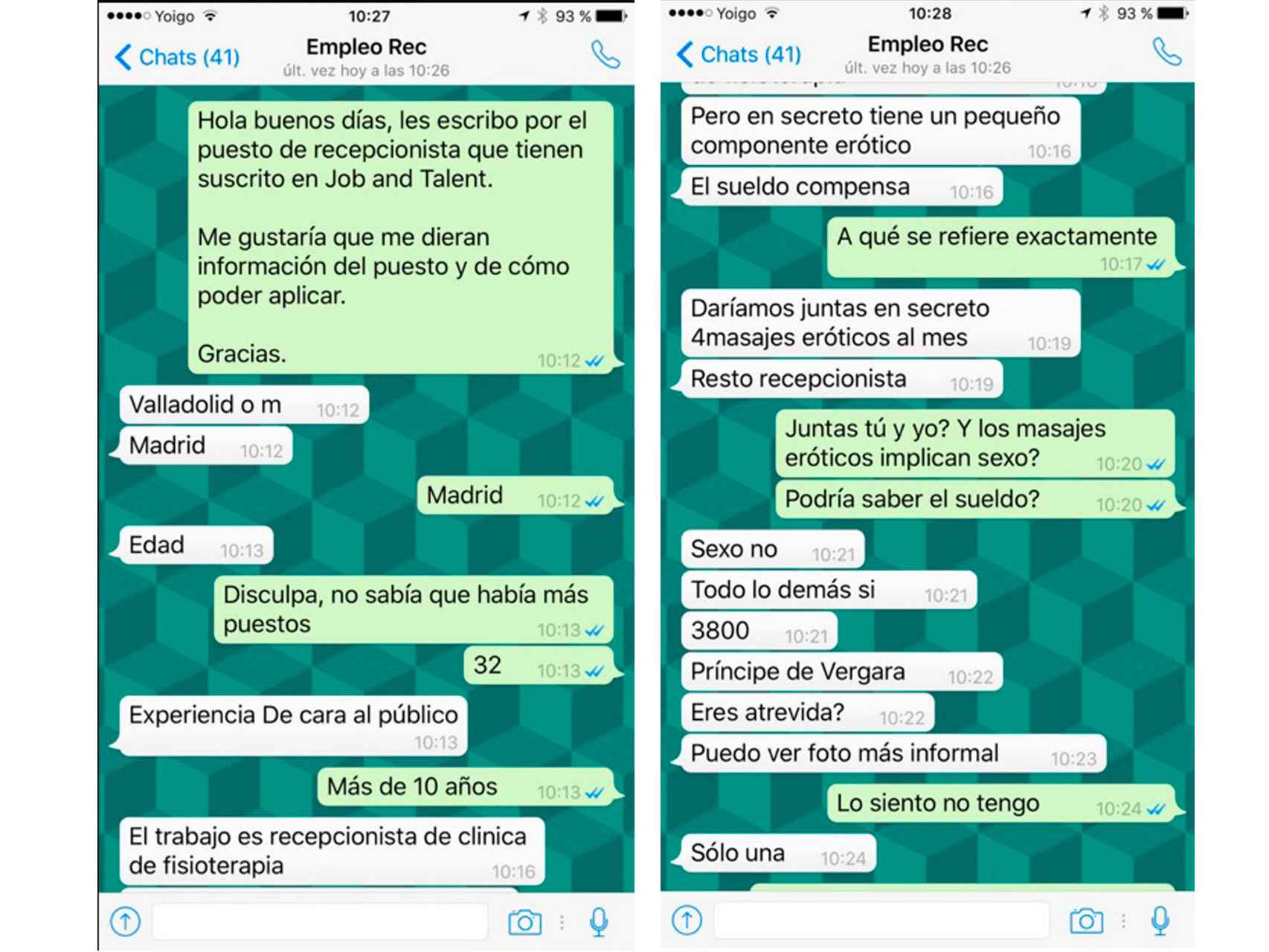 Los mensajes de Whatsapp que recibió Érika.