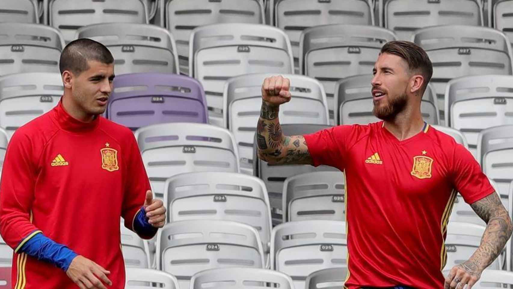 Sergio Ramos y Morata en un entrenamiento con la Selección.