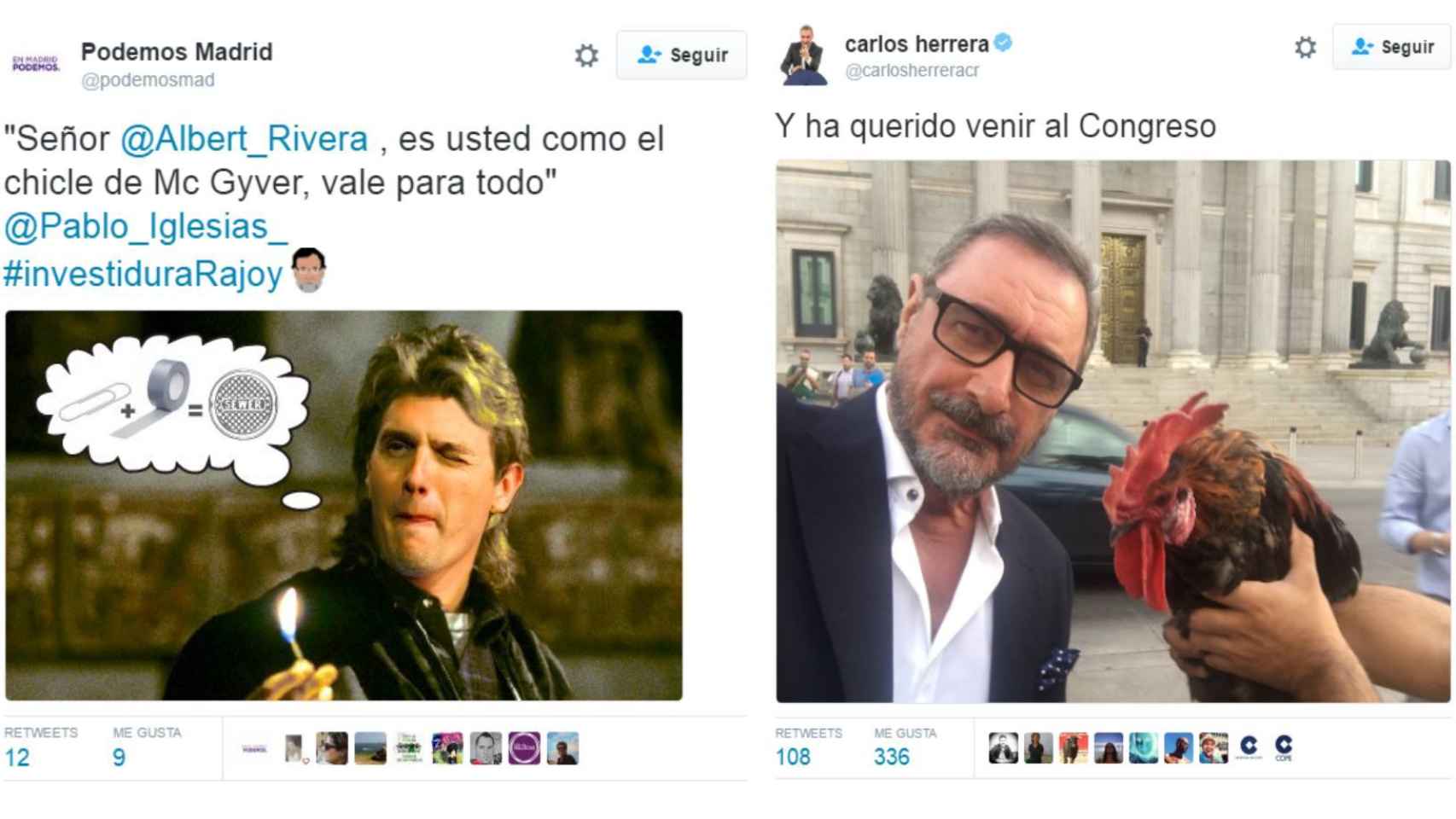 Un montaje de Podemos Madrid con MacGyver-Rivera y el selfie con gallo de Herrera