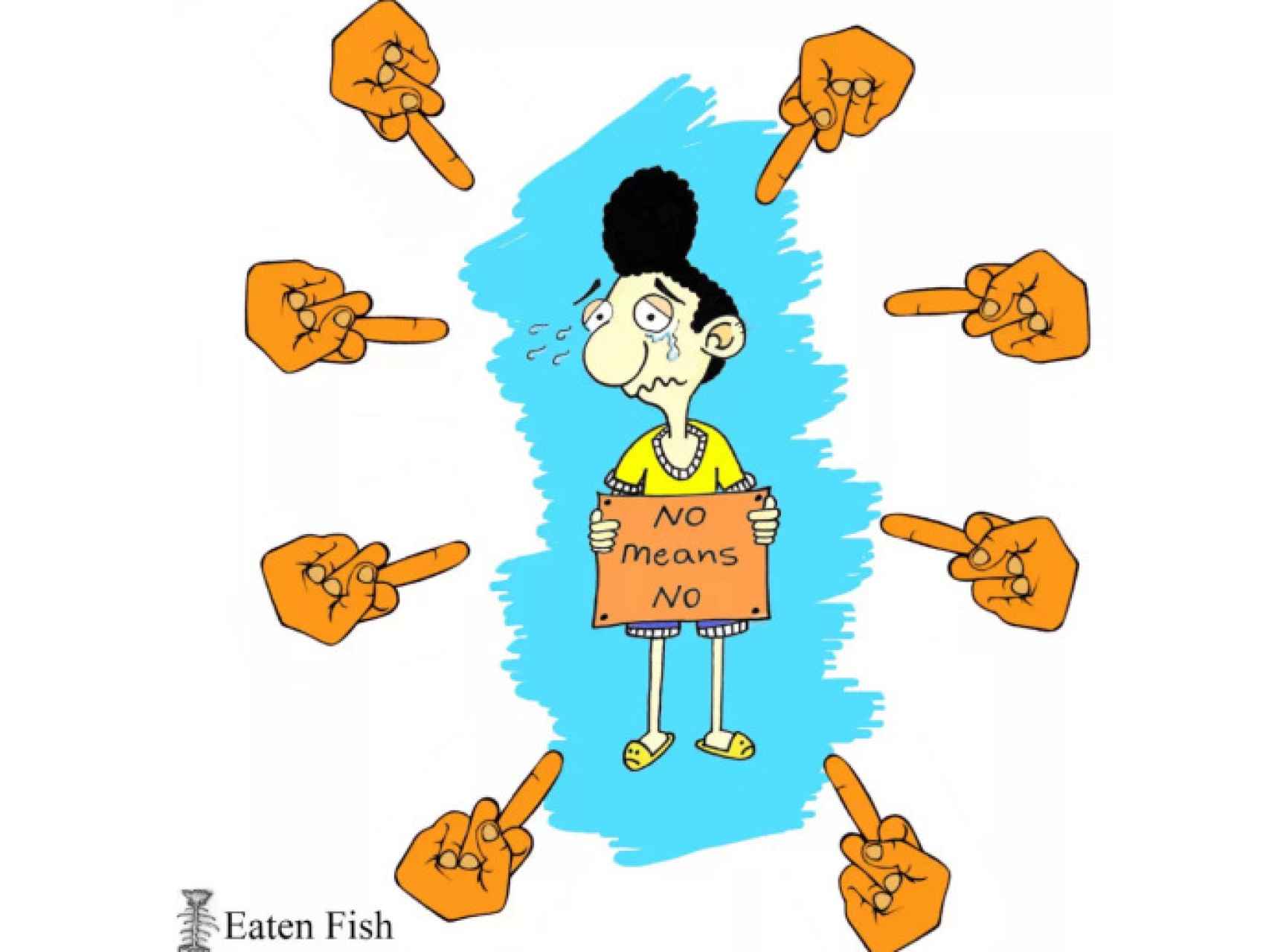 Viñeta de Mr. Eaten Fish donde se autoretrata con un cartel que dice: no significa no.
