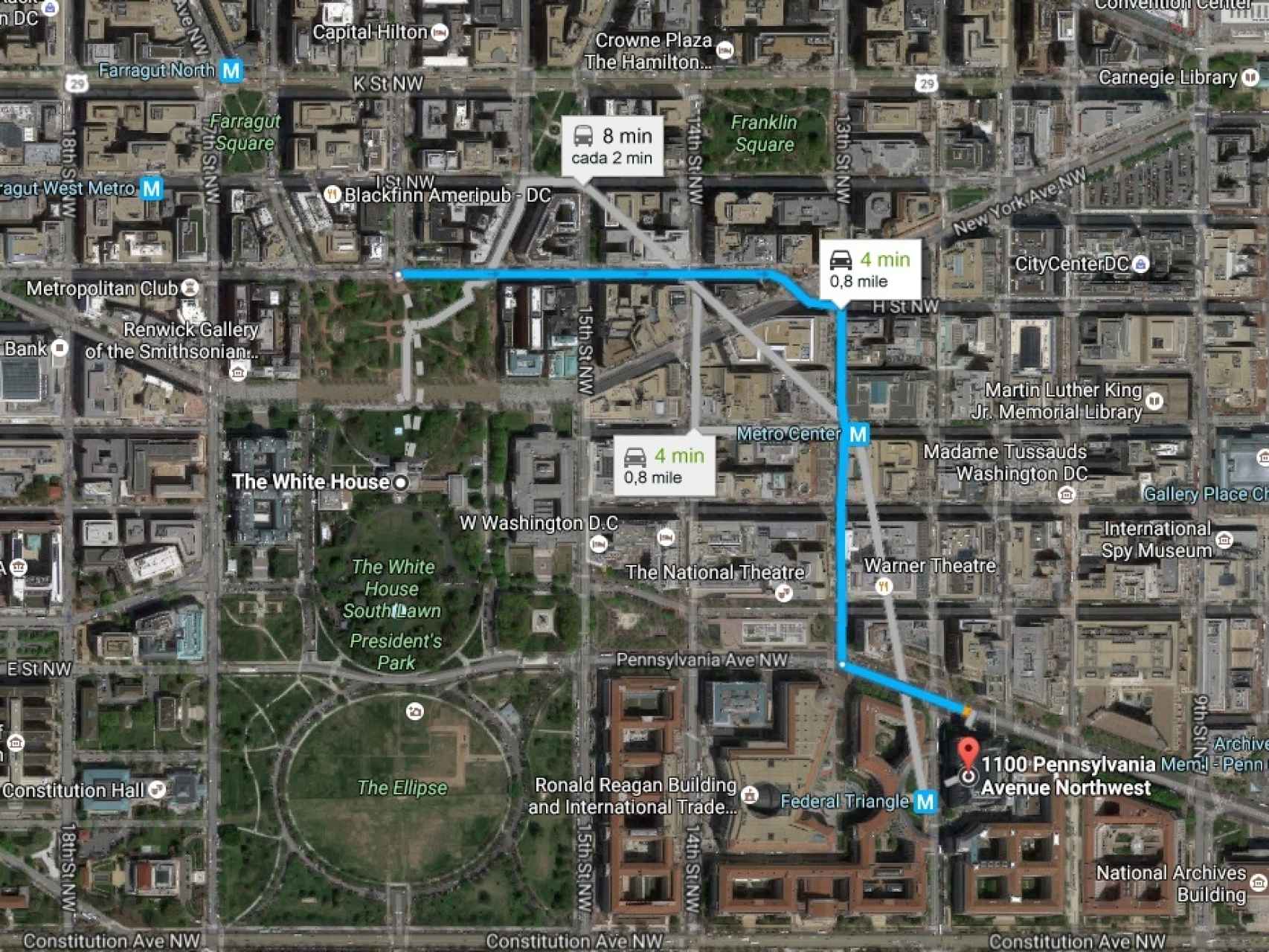 Plano que muestra la distancia entre la Casa Blanca y el nuevo hotel de Trump.