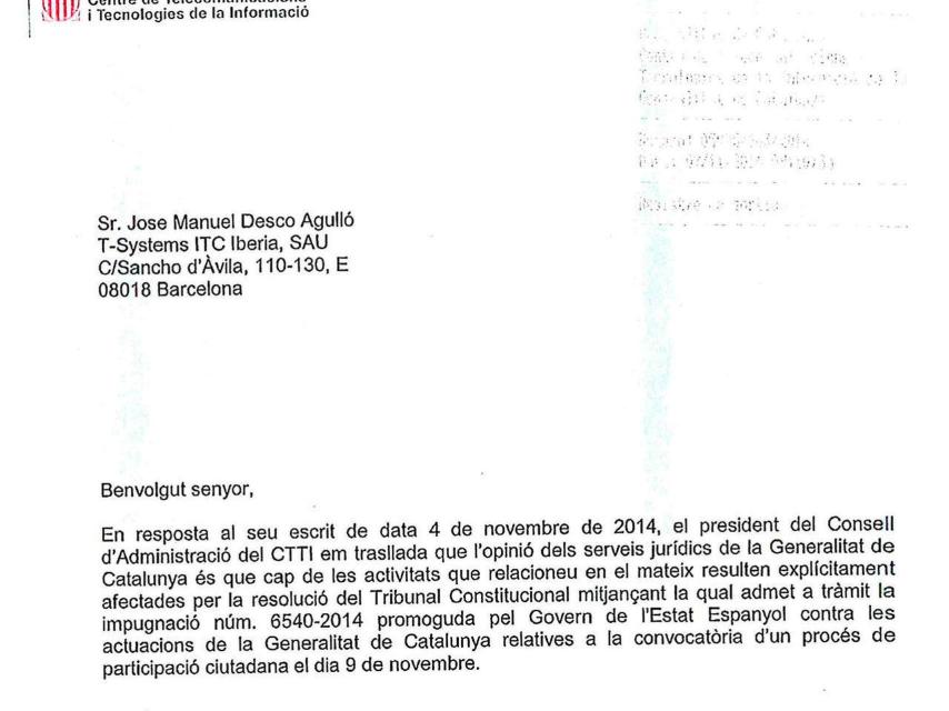 Contestación del director del CTTI a T-System tras la suspensión de la consulta