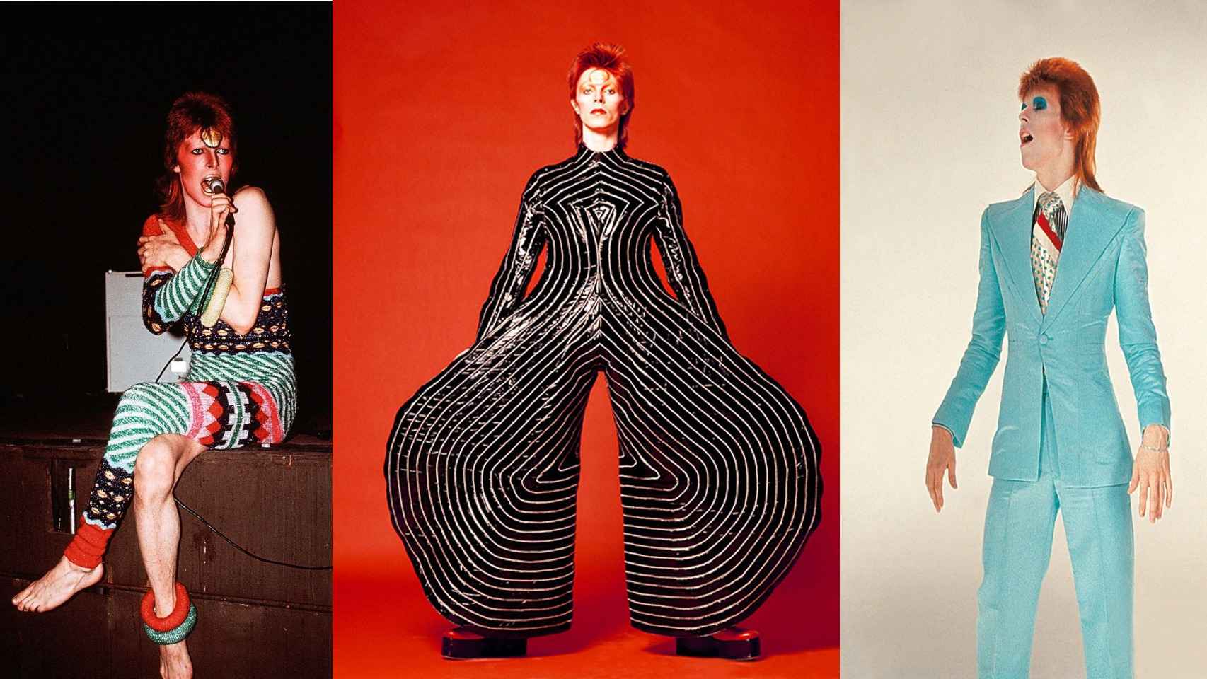 Algunos de los trajes que llevan las modelos en el momento del homenaje a David Bowie la gala CFDA.