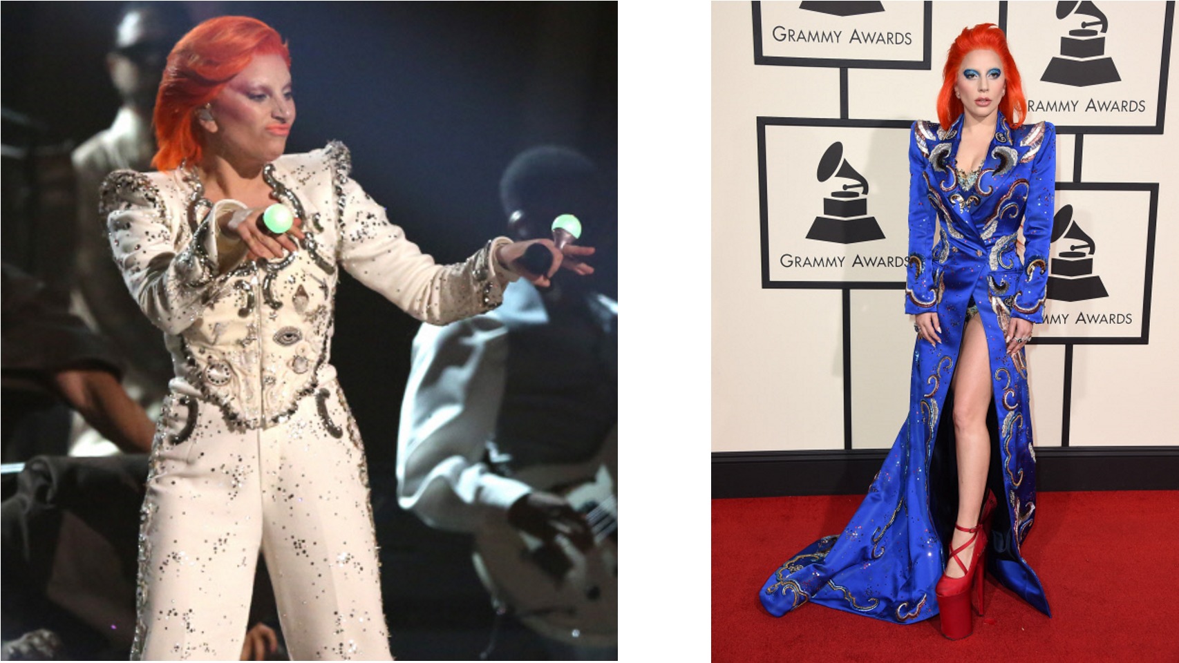 Lady Gaga homenajea a David Bowie con esta vestimenta para los premio Grammy 2016.