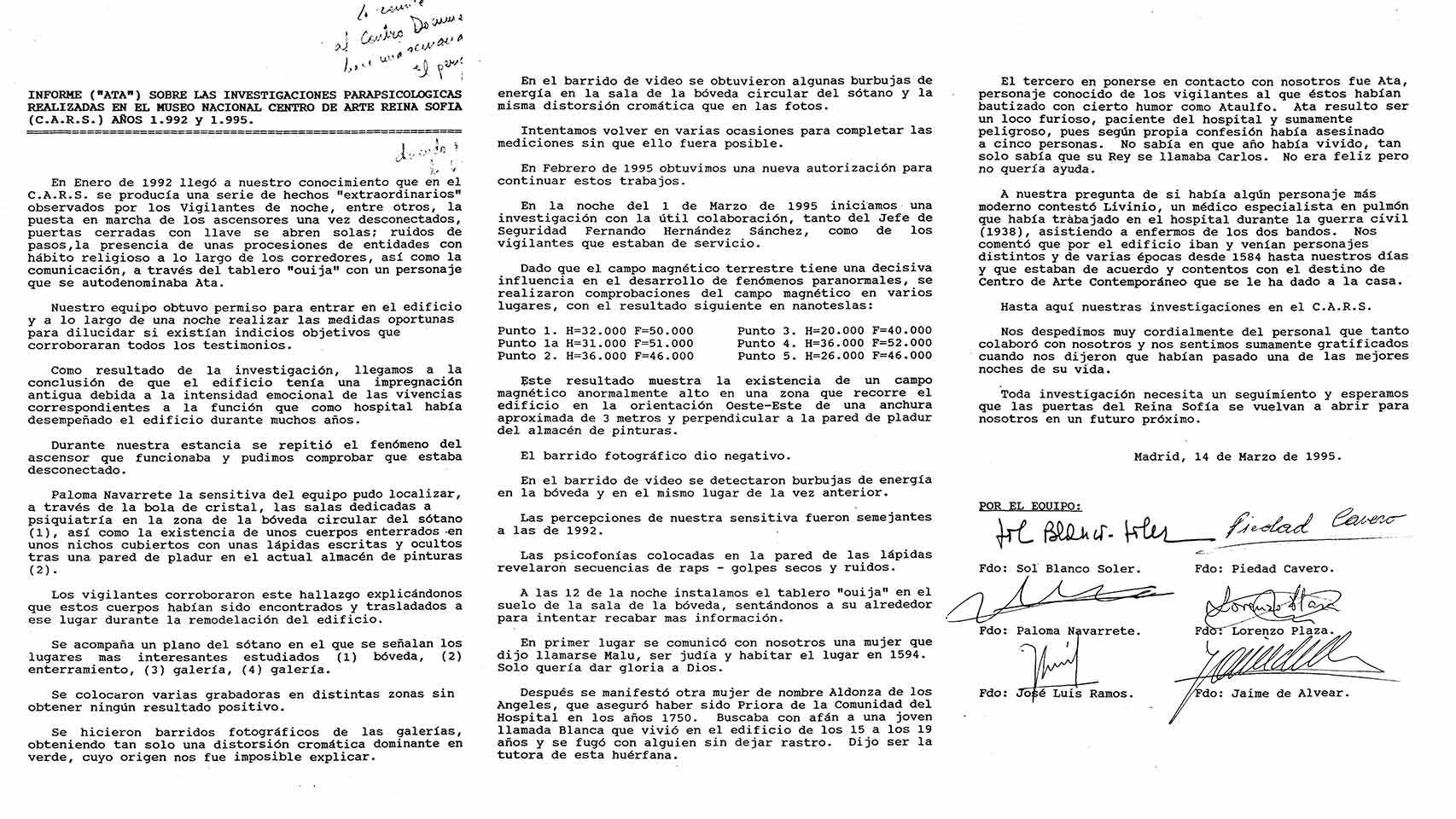 Informe 'Ata' sobre las investigaciones parapsicológicas realizadas en el Museo Reina Sofía entre 1992 y 1995.
