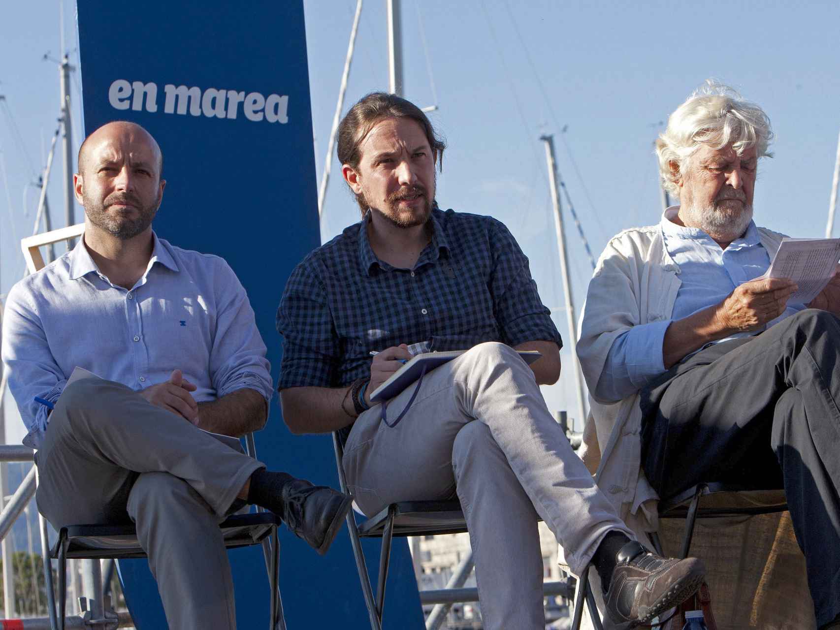 Pablo Iglesias, Luis Villares y Xosé Manuel Beiras en el mitin del miércoles en Vigo