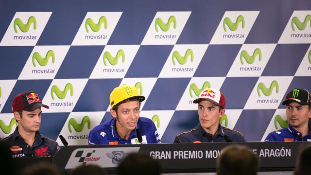 De izquierda a derecha: Dani Pedrosa, Valentino Rossi, Marc Márquez y Jorge Lorenzo.