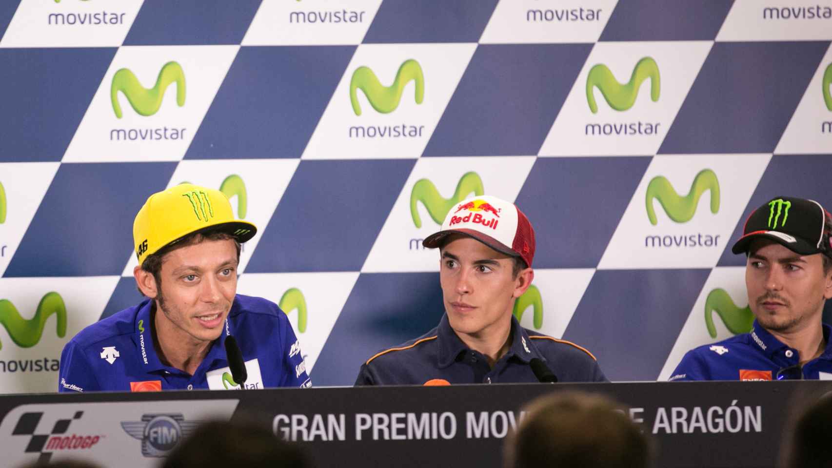 Valentino Rossi, Marc Márquez y Jorge Lorenzo en rueda de prensa.