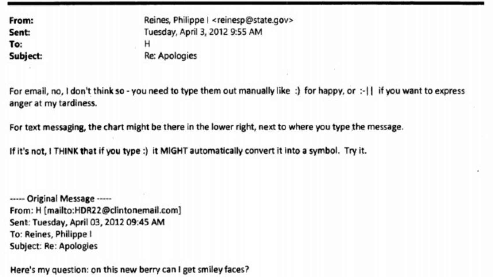 Intercambio de correos entre Hillary Clinton y su asesor de comunicación Philippe Reines en 2012
