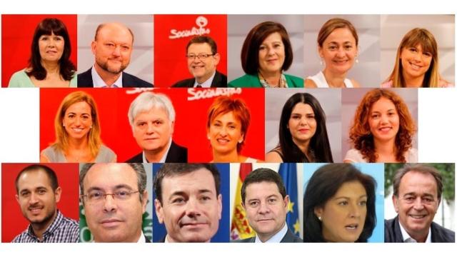 De izquierda a derecha y de arriba abajo: Micaela Navarro, Antonio Pradas, Ximo Puig, María José Sánchez, María Luz Rodríguez, Estefanía Martín, Carme Chacón, José Miguel Pérez, Manuela Galiano, Noemí Cruz, Eva Matarín, Francisco Pizarro, Juan Pablo Durán, Tomás Gómez, Emiliano García Page, María Ascensión Murillo y Carlos Pérez Anadón.