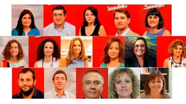 De izquierda a derecha y de arriba abajo: Carmen Montón, Patxi López, Adriana Lastra, Manuel de la Rocha, María González Veracruz, Meritxell Batet, Pilar Lucio, Susana Sumelzo, Iratxe García, María Luisa Faneca, María Luisa Carcedo, Ibán García del Blanco, Roberto Jiménez, Pere Navarro, Rosa Eva Díaz Tezanos, Francina Armengol.