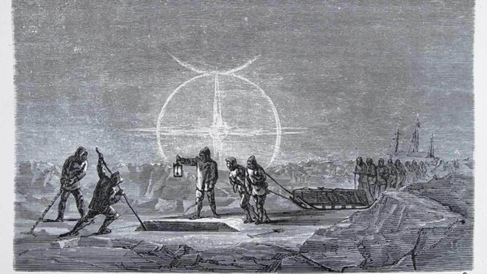Funeral de restos encontrados en 1857, bajo los efectos del paraselene que la luz de la Luna produce en el Ártico.