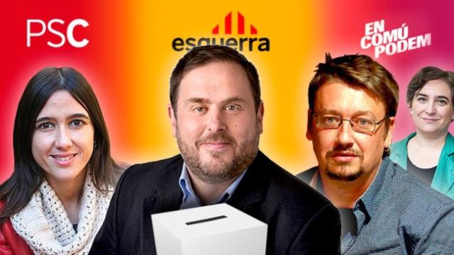 Núria Parlon (PSC), Oriol Junqueras (ERC) y Xavier Domènech (En Comú Podem).