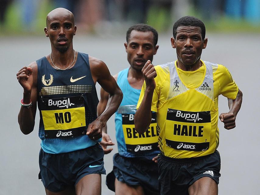 Mo Farah, Kenenisa Bekele y Haile Gebrselassie.