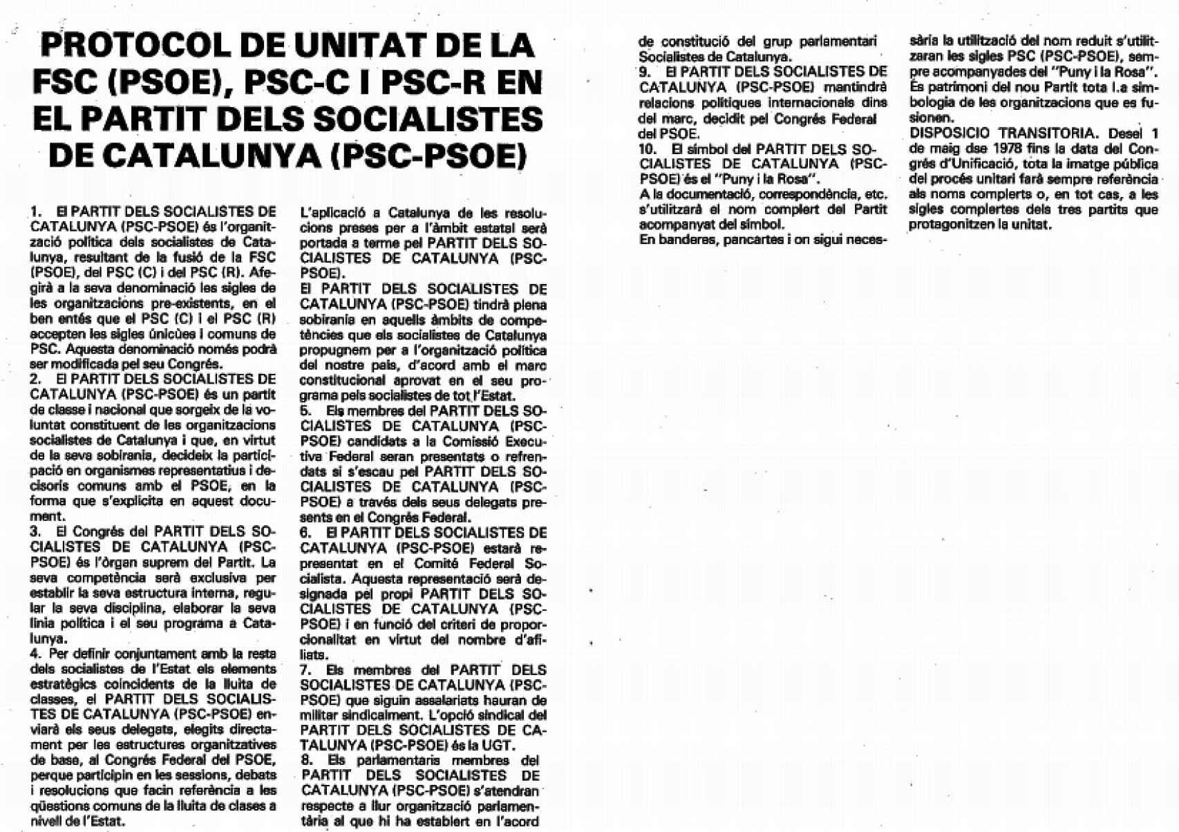 Protocolo de acuerdo PSC-PSOE, vigente desde 1978.