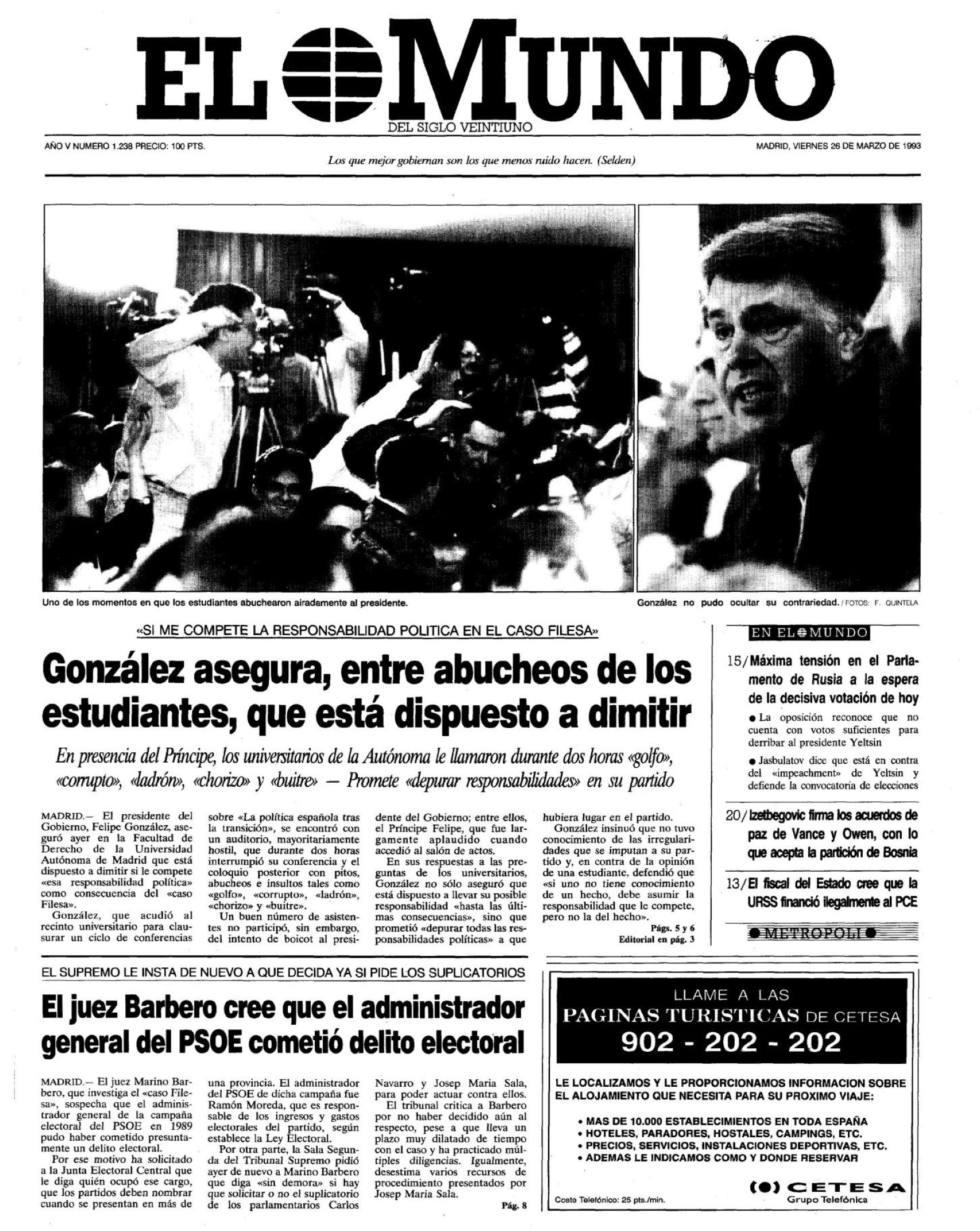 Portada del diario El Mundo en la que se recoge la protesta contra González