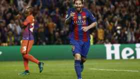 Messi celebra uno de sus goles al City.
