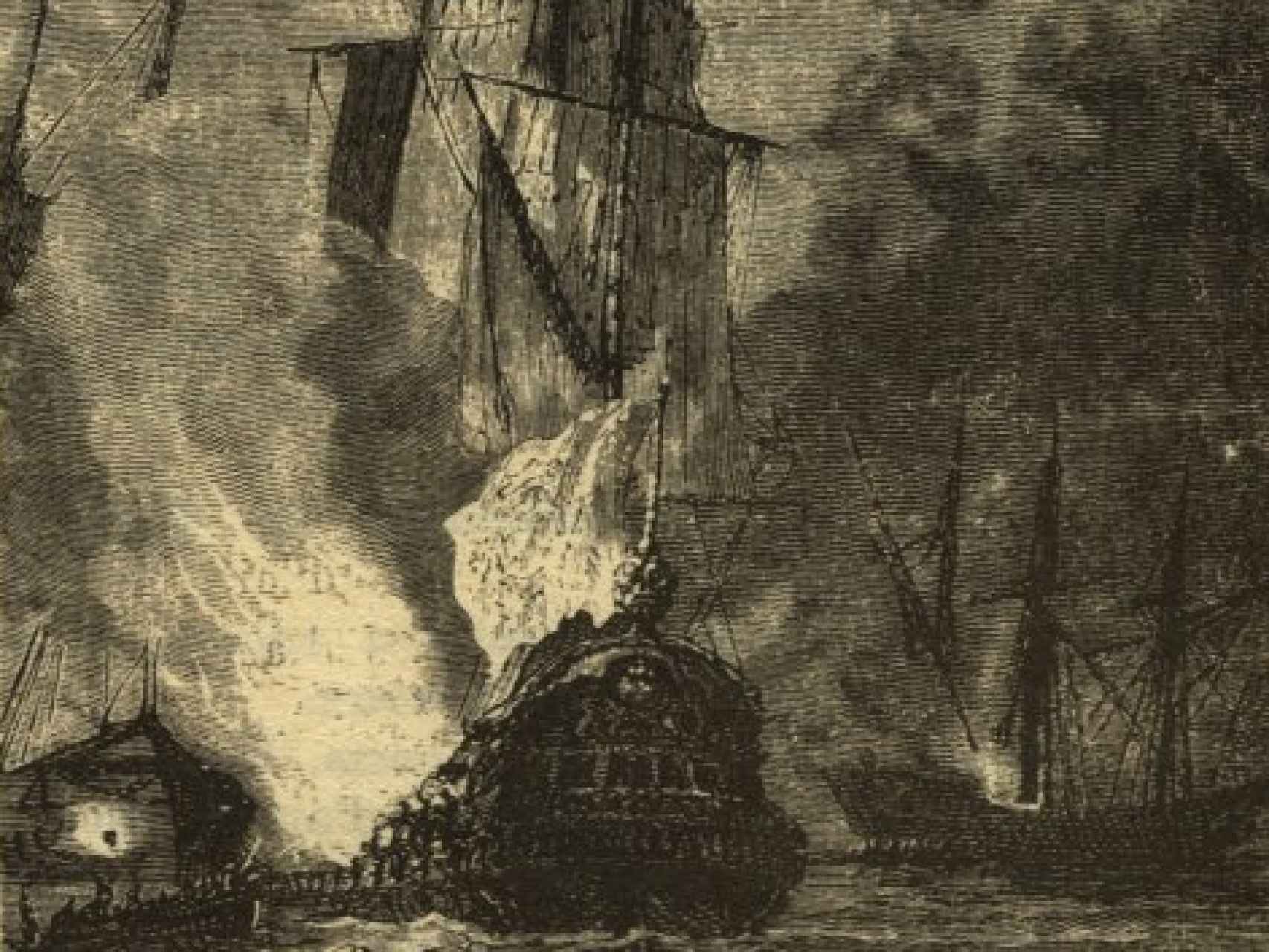 La batalla de Rande, según una ilustración original de 20.000 leguas de viaje submarino, de Julio Verne (1869)