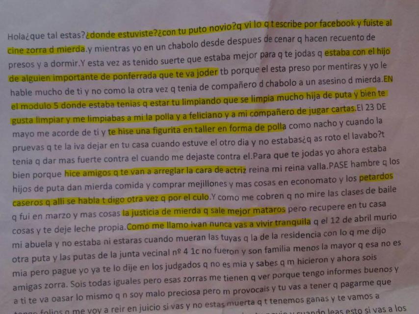 Carta con amenazas que le envió Iván a Vanesa.