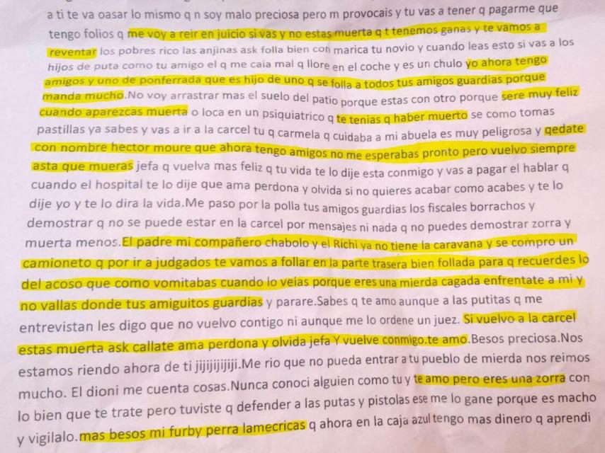 Carta con amenazas que Iván le envió a Vanesa