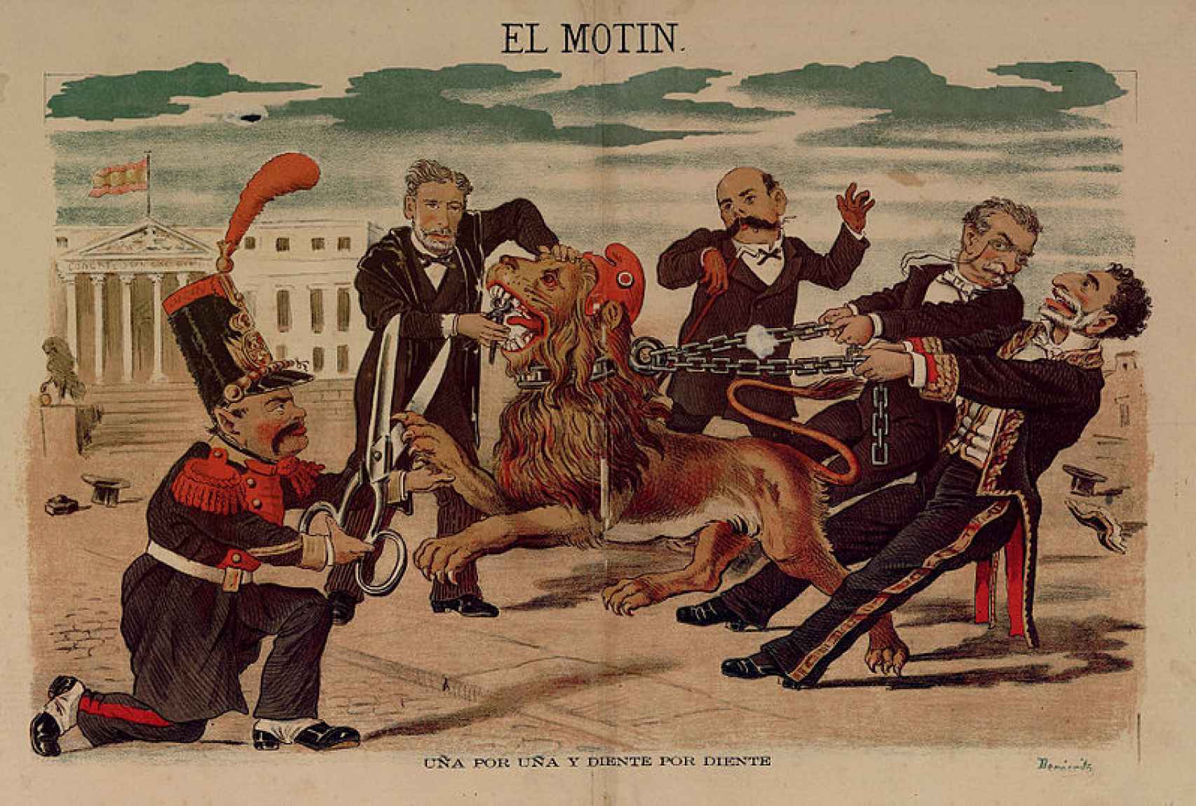 Caricatura de Eduardo Sojo en El Motín publicada el 16 de octubre de 1881. De izquierda a derecha: Becerra, Montero Ríos, Castelar, Cánovas y Sagasta