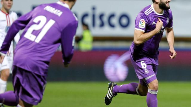 Nacho celebra su gol en León.