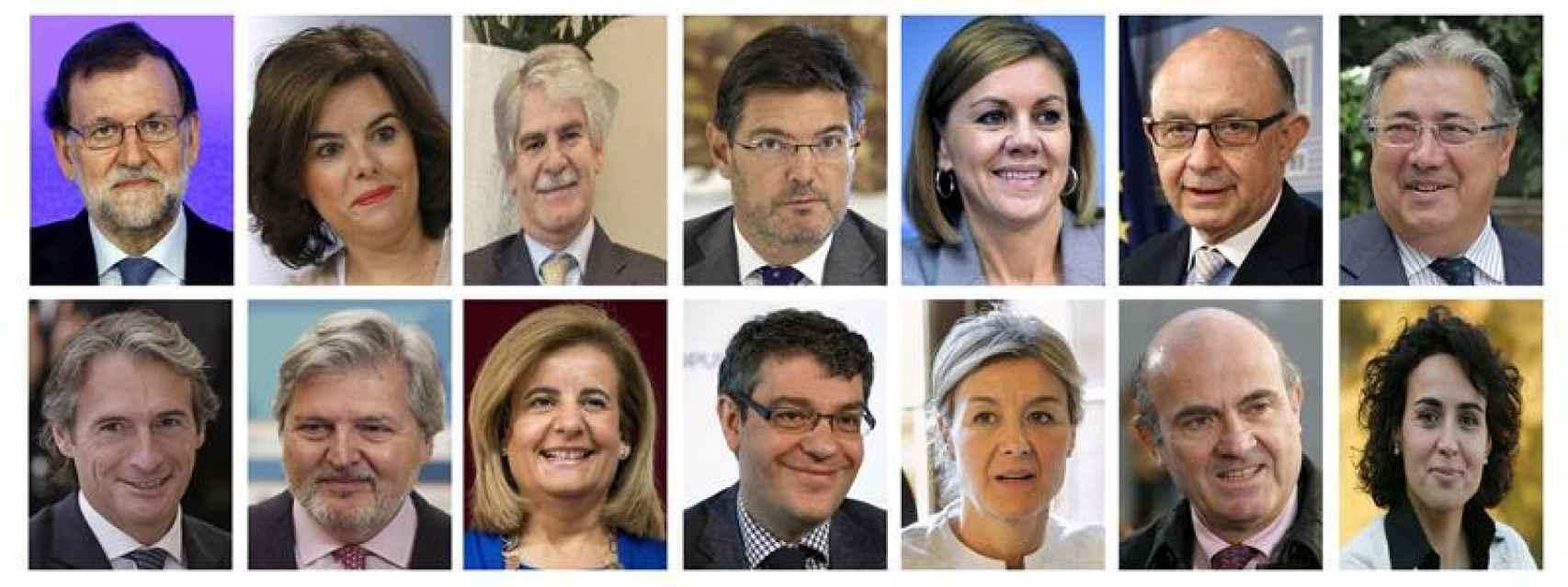 De izquierda a derecha: Rajoy, Santamaría, Dastis, Catalá, Cospedal, Montoro, Zoido, De la Serna, Méndez de Vigo, Bañez, Nadal, Tejerina, Guindos y Montserrat.