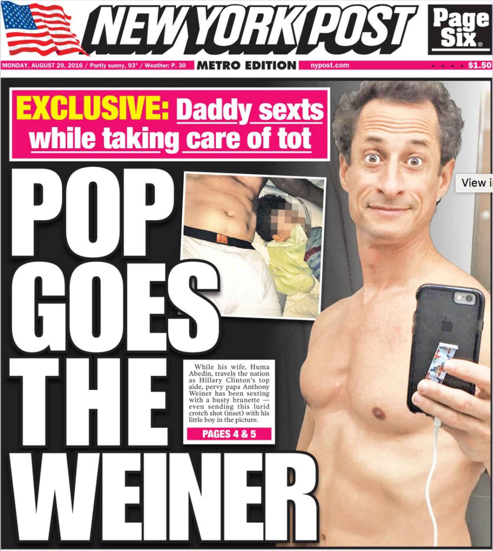 Portada del New York Post con imágenes que presuntamente Weiner envió a una mujer con la que intercambiaba mensajes.