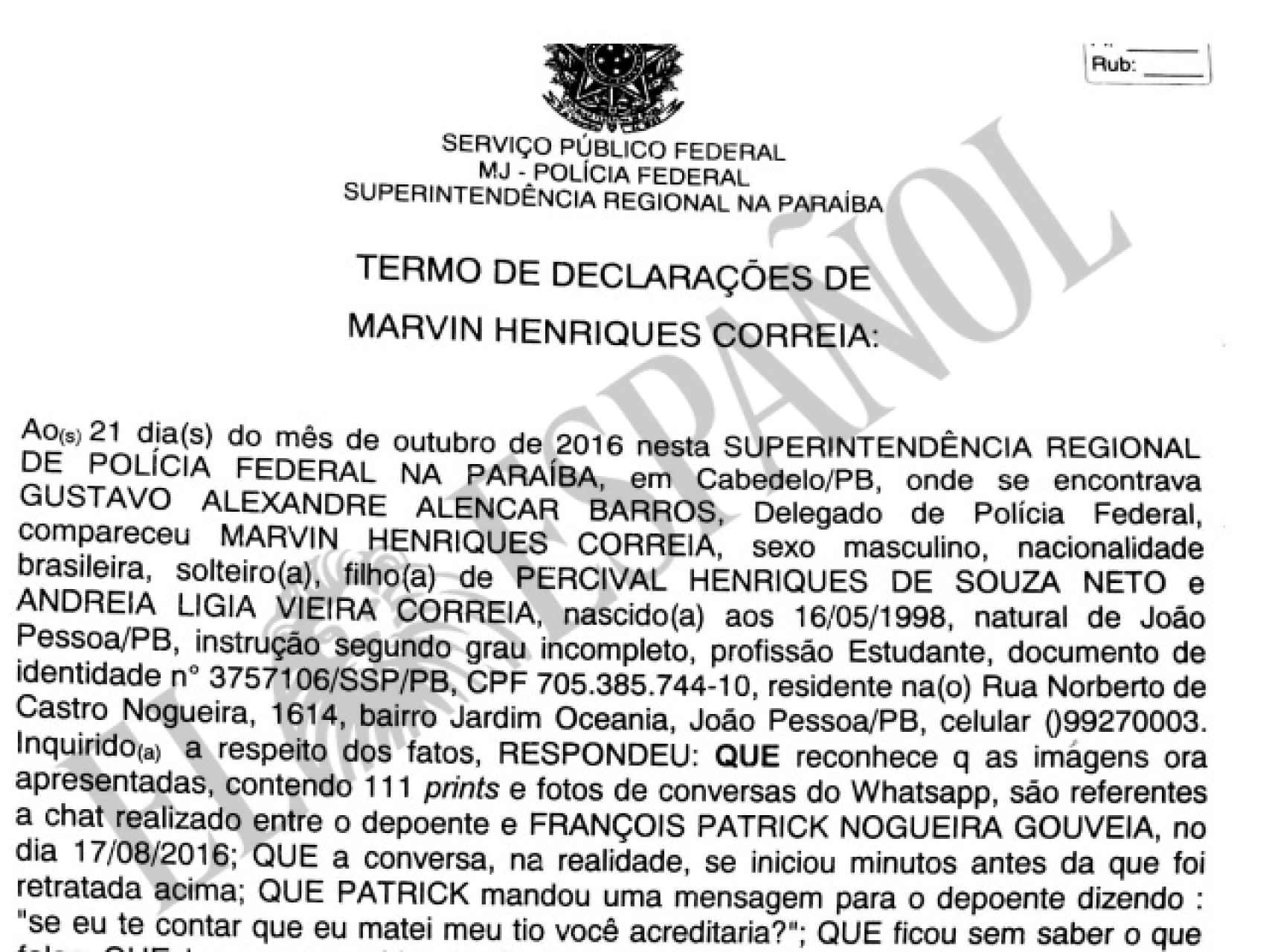 Fragmento de la declaración de Marvin ante la Policía Federal brasileña