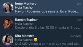 Algunos de los mensajes enviados por Rita Maestre, Irene Montero o Ramón Espinar.