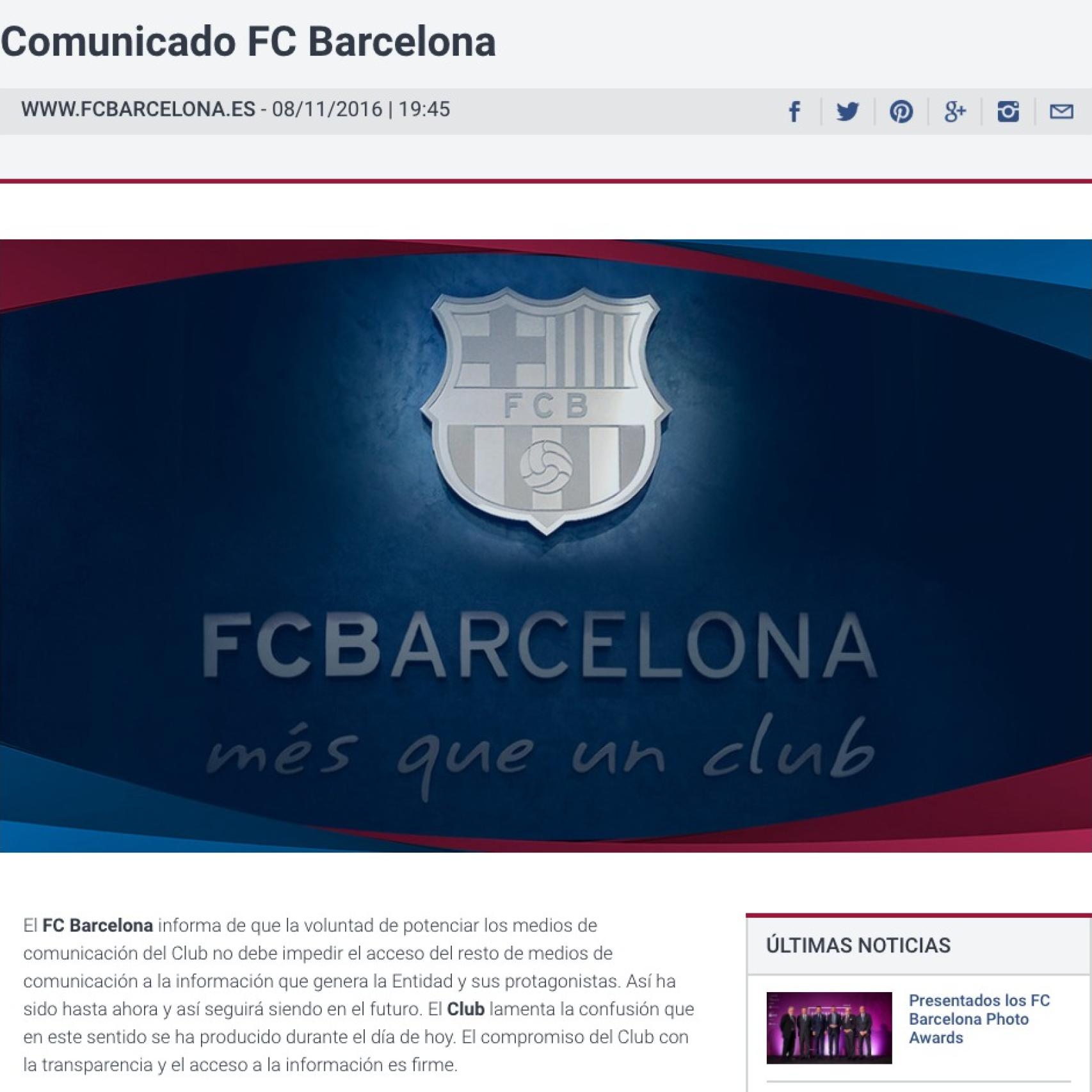 Comunicado del FC Barcelona publicado en su página web.