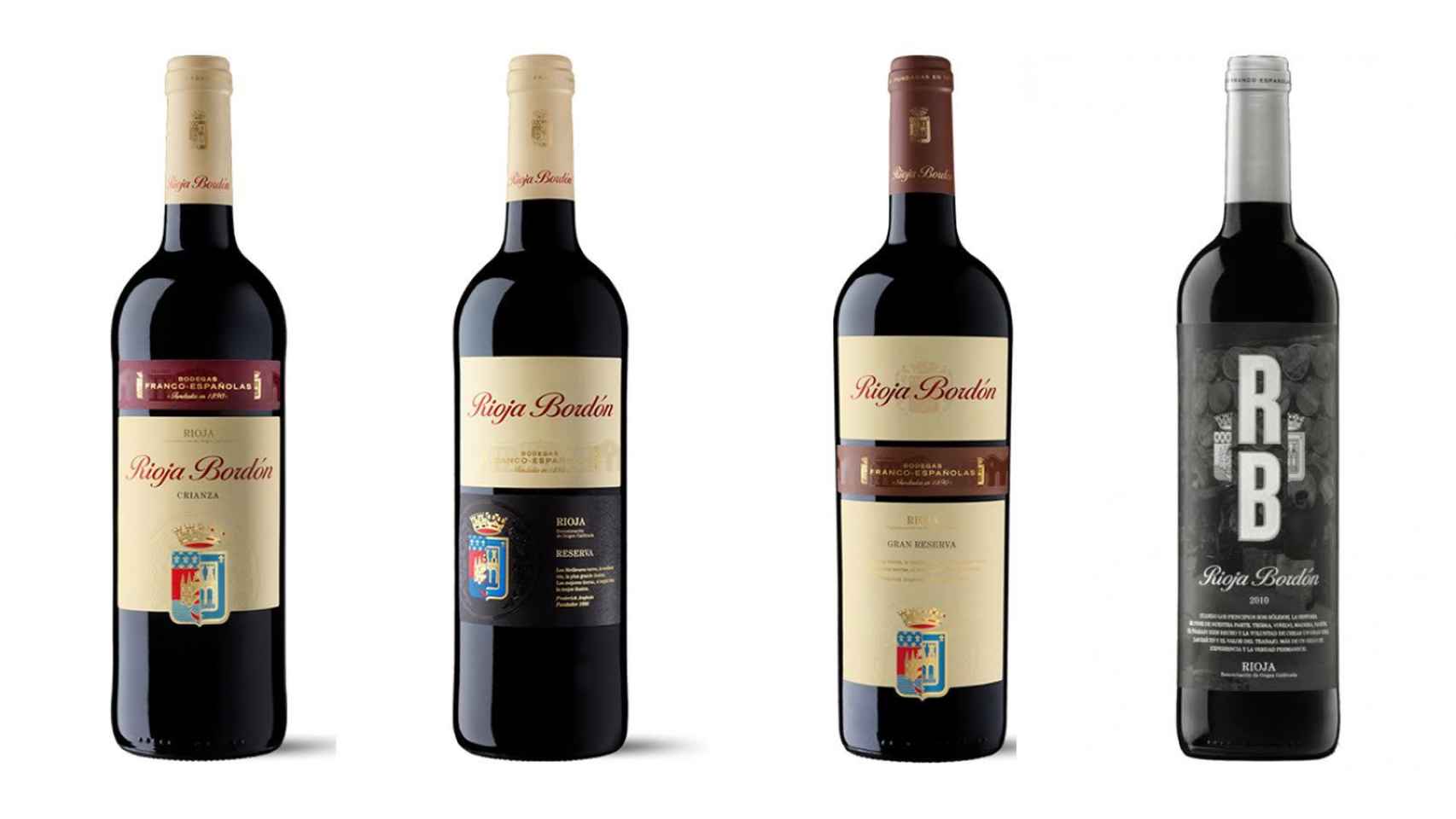 La gama de Rioja Bordón: crianza, reserva y Gran Reserva, y la versión RB Selección ( etiqueta negra).